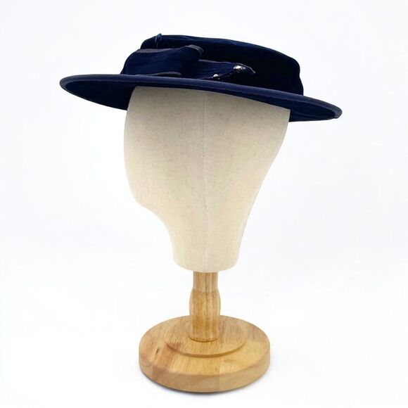 Vintage Makoff Salt Lake City Navy Blue Velvet Hat 22 1/2 Wide Brim Ribbon Bow - Picture 4 of 15